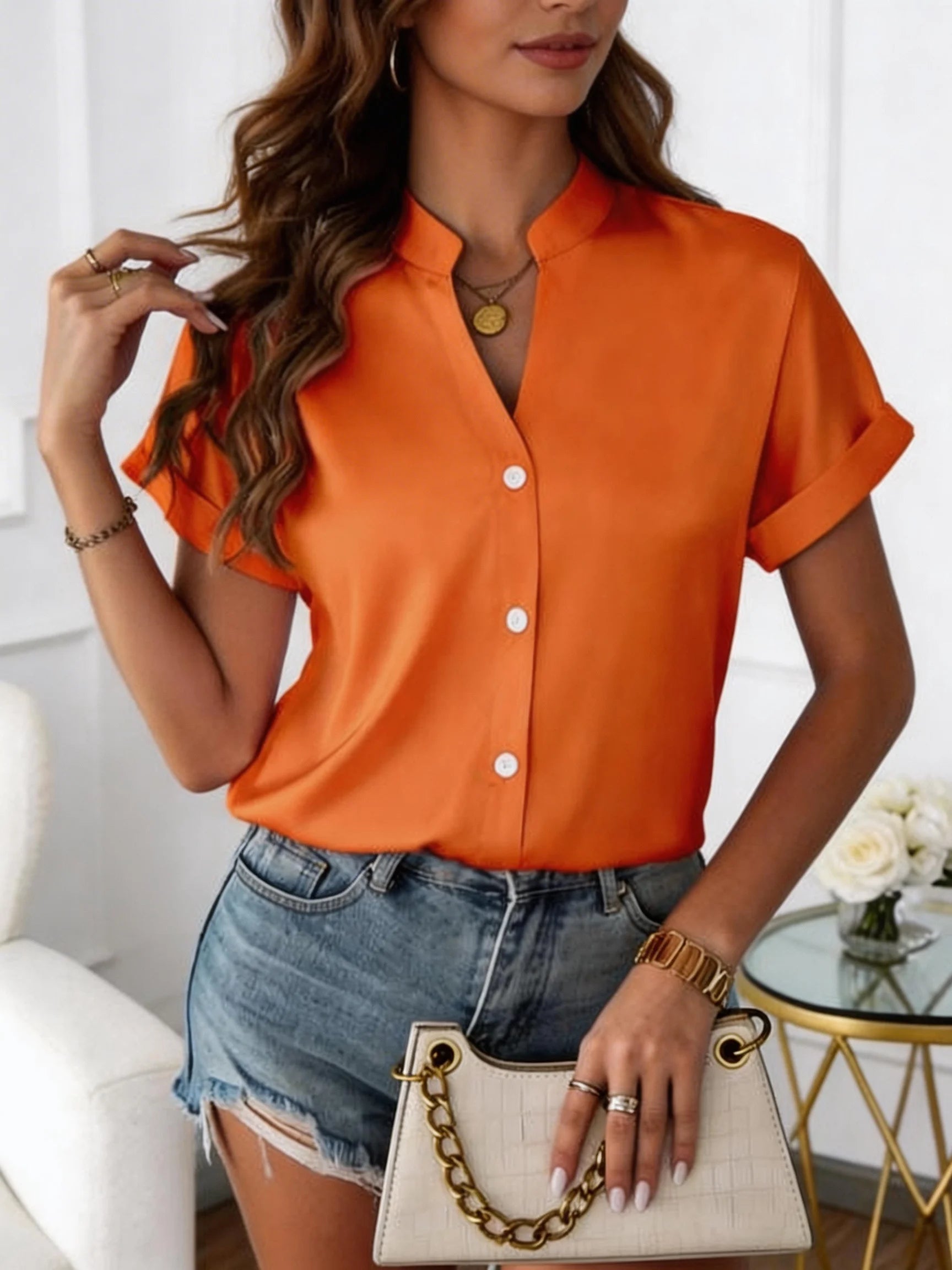 European style simple V-neck blouse for women - Summer short-sleeved loose-fitting slimming professional business shirt
