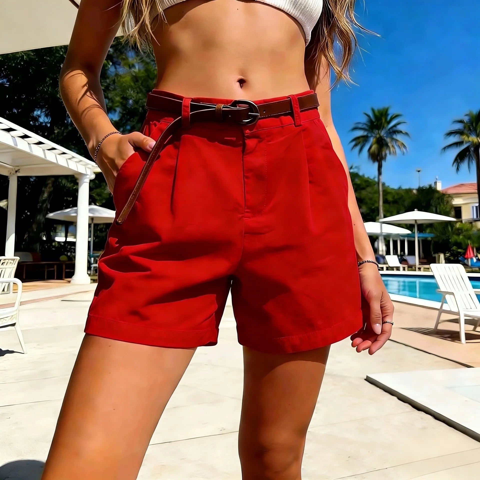 Korean Solid Loose Casual Biker Shorts Women Spring Summer Women's Shorts High Waist Thin Wide Leg Short Pants with Belt