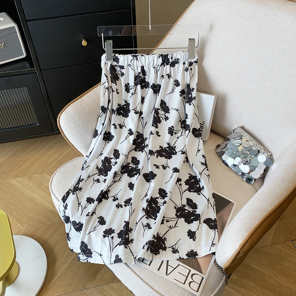 Summer Casual Skirt Womens A-Line Skirts Fashion Vintage Floral Printed Chiffon Skirts Elastic High Waist Midi Beach Skirts