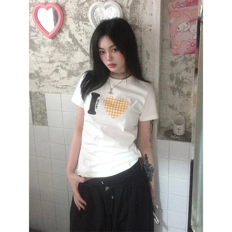 Summer Love Pattern Print T-shirt Women Short Sleeve Casual Y2k Vintage Tops Streetwear T Shirt  American Fashion Tee